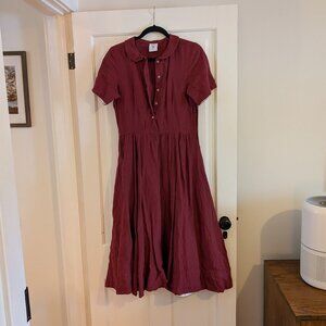Son de Flor Classic, Short Sleeve Linen Dress Marsala Red Size Small